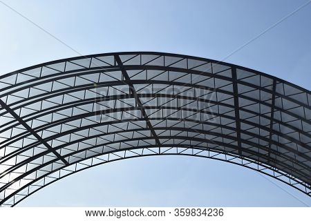 Abstract High-tech Architecture Background Photo, Internal Structure Of Glass Roof Arch. Glass Arch 