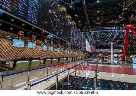 Moscow, Russia - 2020: Sheremetyevo International Airport, Flight Information Monitors And Check-in.