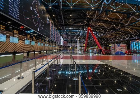 Moscow, Russia - 2020: Sheremetyevo International Airport, Flight Information Monitors And Check-in.