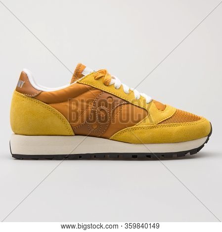 Vienna, Austria - August 6, 2017: Saucony Jazz Original Vintage Smu Yellow Sneaker On White Backgrou