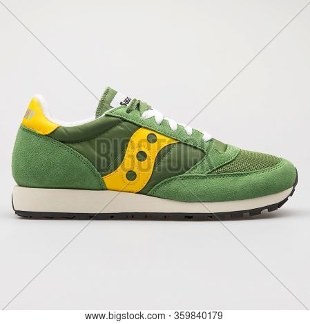 Vienna, Austria - August 6, 2017: Saucony Jazz Original Vintage Smu Green And Yellow Sneaker On Whit