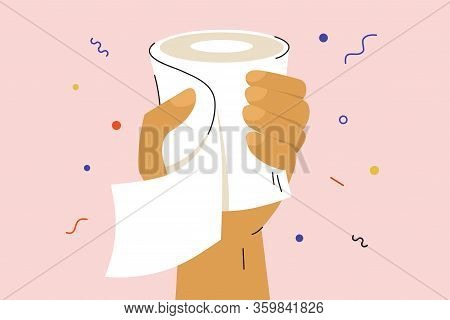 Human Hand Holding Toilet Paper. Grabbing Last One Roll In Supermarket. People Panic In Store Due To