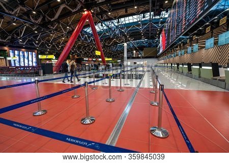 Moscow, Russia - 2020: Sheremetyevo International Airport, Terminal C. Check-in Without People. Elec