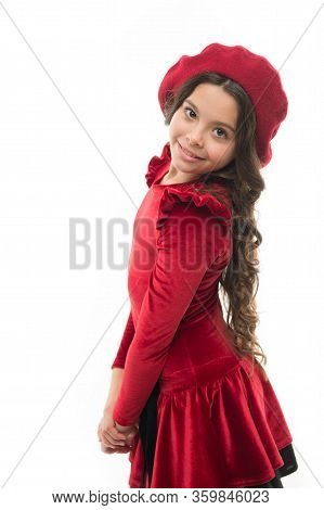 Parisian Lady. Happy Child In French Beret. Retro Kid Fashion. Pretty Little Girl Wear Red Barret. C