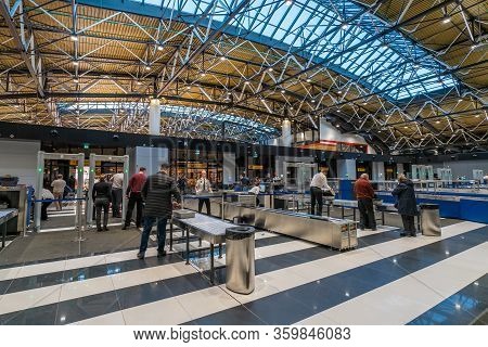 Moscow, Russia - 2020: Sheremetyevo International Airport, Passengers Undergo Pre-flight Control. Me