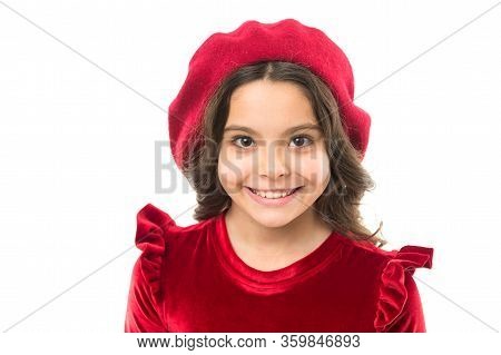 Happy Child In French Beret. Retro Kid Fashion. Pretty Little Girl Wear Red Barret. Childhood Happin