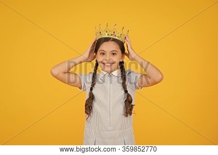 Vintage Girl In Gold Crown. Reward For Best Winner. Small Egoist Girl Imagine She Is Princess. Luxur