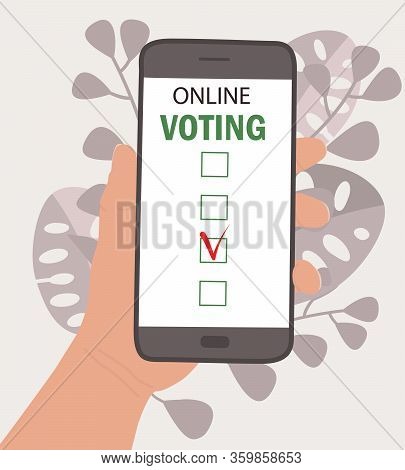 Hand Holds A Mobile Phone. On-screen Application With Online Voting. The Concept Of Choice, Presiden