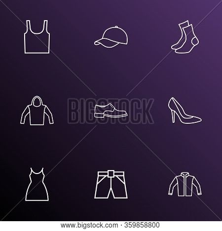 Clothes Icons Line Style Set With Jacket, Heels, Shorts And Other Half-hose Elements. Isolated Vecto