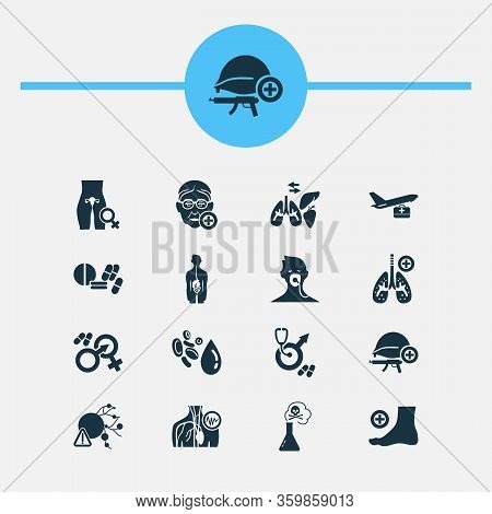 Medicine Icons Set With Geriatrics, Podiatry, Gastroenterology And Other Blood Elements. Isolated Il