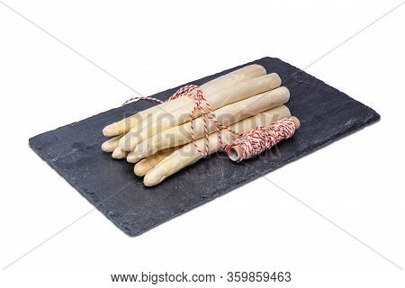 Delicious Seasonal White Asparagus With Creamy Hollandaise Sauce, Baby Boiled Potatoes And Sliced Sm