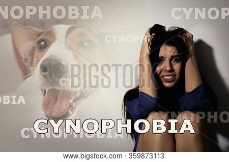 Scared Young Woman Suffering From Cynophobia On White Background. Irrational Fear Of Dogs