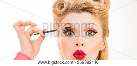 Eyebrows With Tweezers Close Up. Eyebrows Care. Closeup Of Woman Beautiful Eye, Long Eyelashes With 