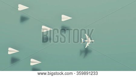 Flying Paper Airplanes. Outside The Box Concept . Different Mindset , Work Smarter Not Harder Concep