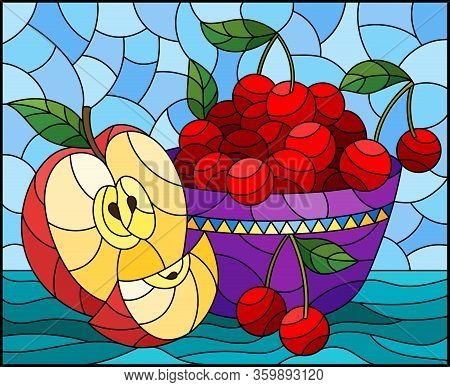 Illustration In Stained Glass Style With Still Life , Apple And A Cherry Berryes  In A Bowl On A Tab