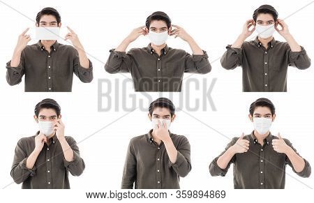 Set Of Photos Young And Handsome Good Looking Man Isolated On White Background Showing And Demonstra
