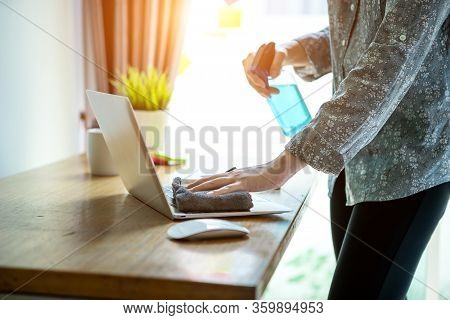 Bussiness Worman Work From Home Wearing Protection Mark In Covid-19 Virus Situation. Her Working In 