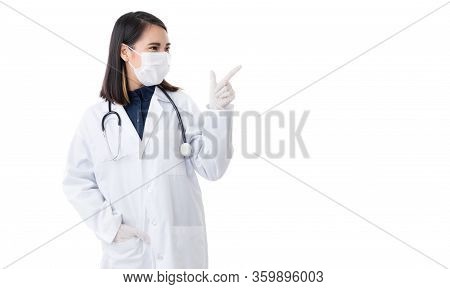 Medical Female People Wearing Surgical Hygiene Protective Mask On Face. Young Asian Doctor Female. P