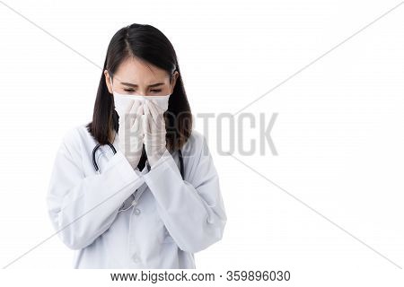 Beautiful Woman Doctor In Lab Coat Dress Wearing Surgical Hygiene Protective Mask Sneezing And Using