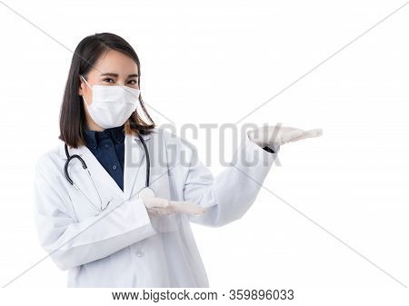 Medical Female People Wearing Surgical Hygiene Protective Mask On Face. Young Asian Doctor Female. P