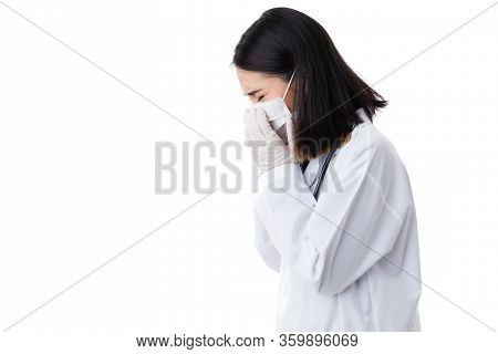 Beautiful Woman Doctor In Lab Coat Dress Wearing Surgical Hygiene Protective Mask Sneezing And Using