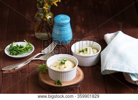 Dietary Souffle Of Minced Meat With Parsley On A Dark Background.
