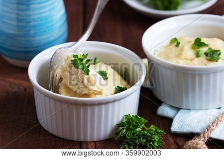Dietary Souffle Of Minced Meat With Parsley On A Dark Background.