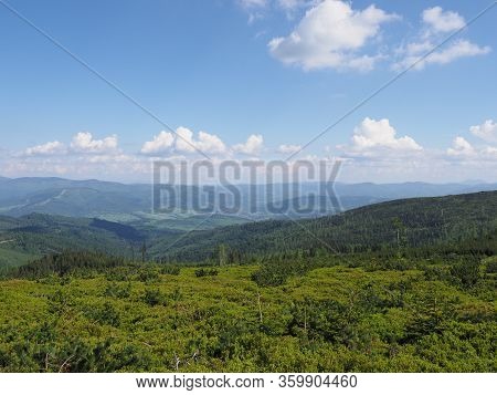 Beauty Beskids Mountains Land Near Salmopol Pass View Above European City Of Szczyrk In Poland, Clea