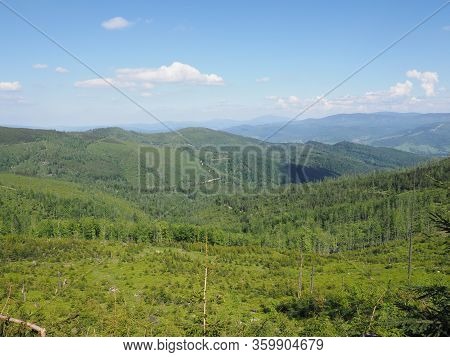 Beautiful Beskids Mountains Land Near Salmopol Pass View Above European City Of Szczyrk In Poland, C