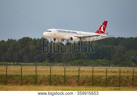 Budapest, Hungary - May 6, 2015: Turkish Airlines airliner landing at Budapest Liszt Ferenc Airport. Turkish Airlines is the fourth-largest carrier in the world by number of destinations.