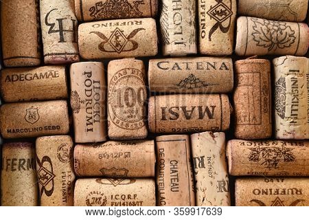 TORONTO, CANADA - April 05, 2020: Wine corks are a stopper used to seal wine bottles. Portugal is the largest producer of corks, followed by Spain, Italy and Algeria