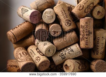 TORONTO, CANADA - April 05, 2020: Wine corks are a stopper used to seal wine bottles. Portugal is the largest producer of corks, followed by Spain, Italy and Algeria