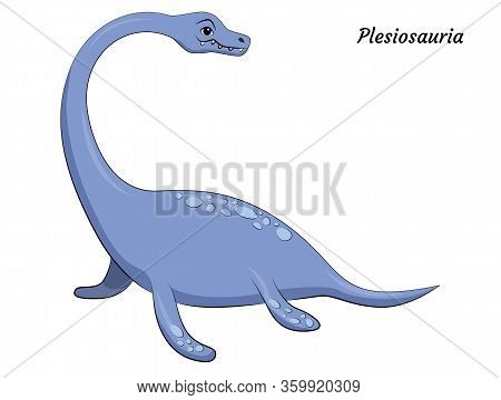 Cute Cartoon Plesiosauria Dino Character. Vector Isolated Dinosaur In Bright Colors. Illustration Fo