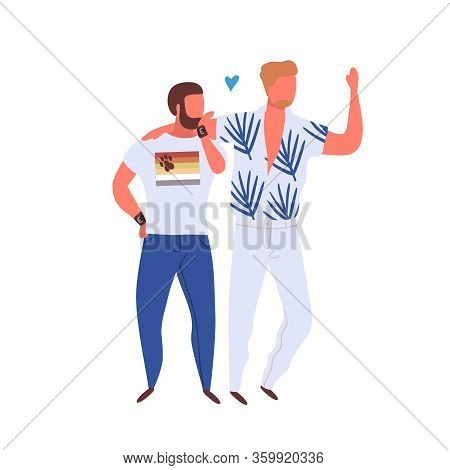 Homosexual Couple On Pride Parade Isolated On White. Two Men Hugging. Same Sex Parners Walking Toget