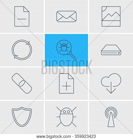 Illustration Of 12 Internet Icons Line Style. Editable Set Of Add Data, Magnifier, Sdd And Other Ico