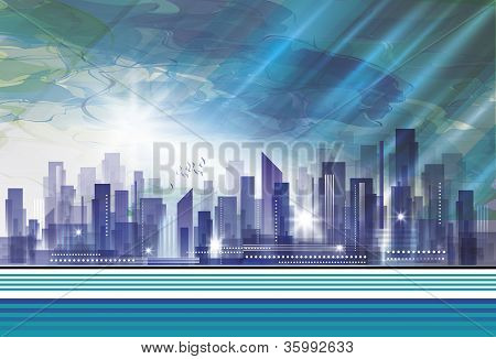 City skyline at sunset
