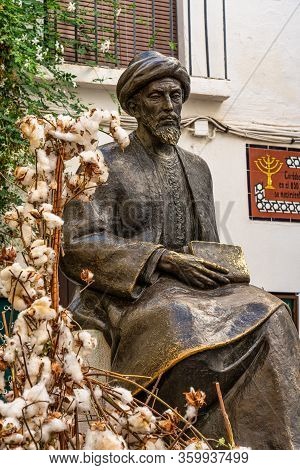 Cordoba, Spain - October 31, 2019: Statue Of Ben Maimonides At Tiberiades Square In Cordoba, Spain. 