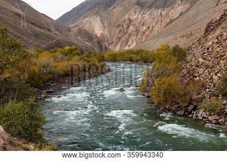 Kokemeren River In The Naryn Region Of Kyrgyzstan. Mountain River In The Gorge