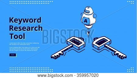 Keyword Research Tool Banner With Isometric Icons On Blue Background. Vector Landing Page Of Seo Opt