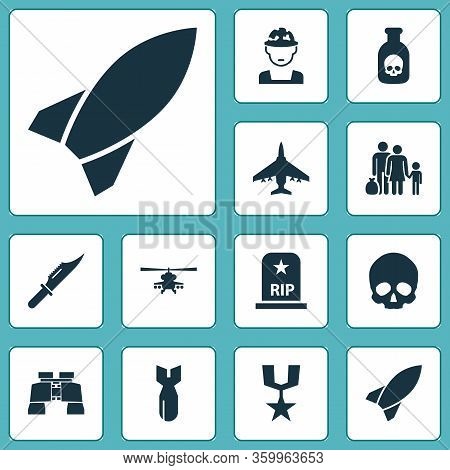 Army Icons Set With Knife, Bomb, Helicopter And Other Fugitive Elements. Isolated Vector Illustratio