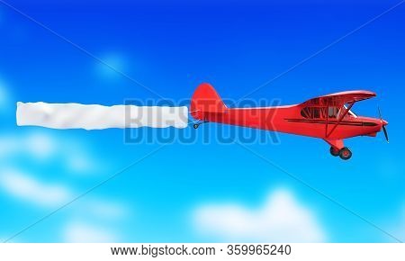 Flying Airplane And Banner On Blue Sky. 3d Illustration