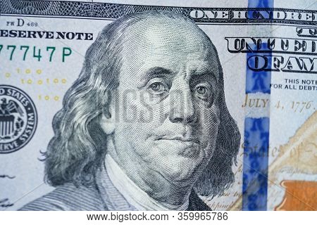 Close Up Of New Hundred Dollar Bill. Macro Close Up Of Ben Franklin. 100 Dollar Bill. Financial Conc