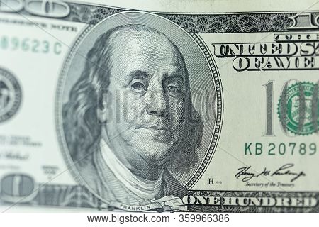 Close Up Of Hundred Dollar Bill. Macro Close Up Of Ben Franklin. 100 Dollar Bill. Financial Concept.