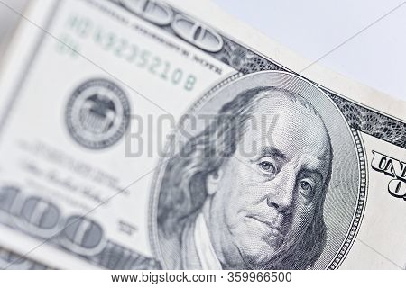 Close Up Of New Hundred Dollar Bill. Macro Close Up Of Ben Franklin. 100 Dollar Bill. Financial Conc