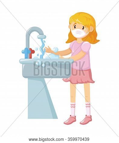 Little Girl Washes Hands With Soap. Prevention Against Coronavirus, Infection.