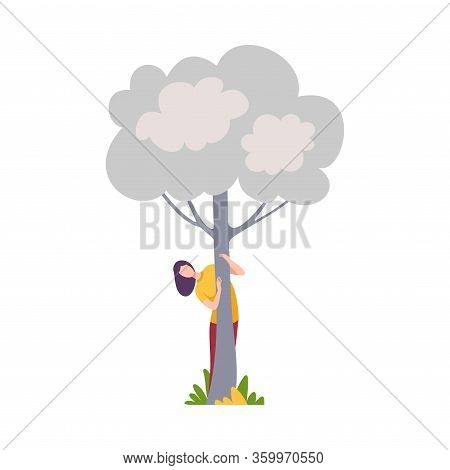 Young Woman Hiding And Peeking Behind White Tree Vector Illustration
