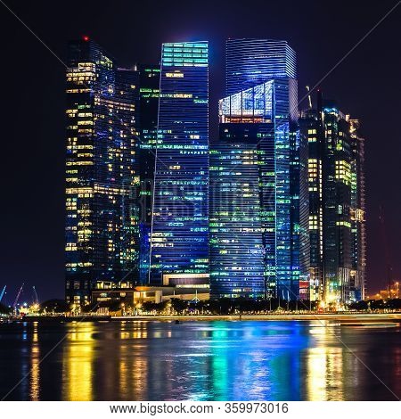Illuminated City At Night, Singapore, Marina Bay, Lights