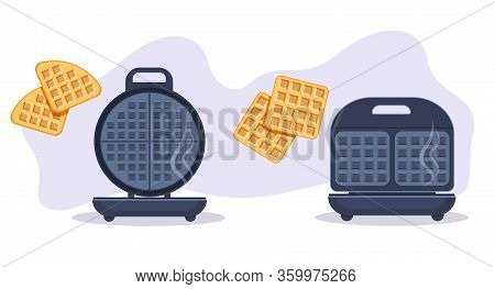 Opened Electronic Waffle Maker. Sample Model For Kitchen Appliance. Vector Illustration Isolated On 
