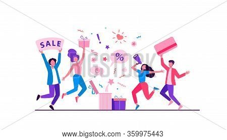 Customers Celebrating Sale. People Holding Gift, Credit Card, Loudspeaker, Dancing, Having Fun. Vect