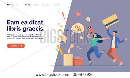 Customers Celebrating Sale. People Holding Gift, Credit Card, Loudspeaker, Dancing, Having Fun. Vect